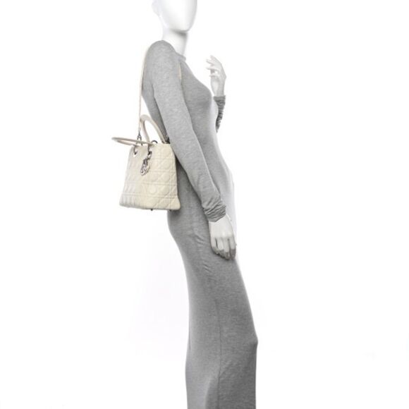 Authentic Christian Dior Lambskin Cannage Ruffle Trim Medium Lady Dior Off White - Picture 3 of 14